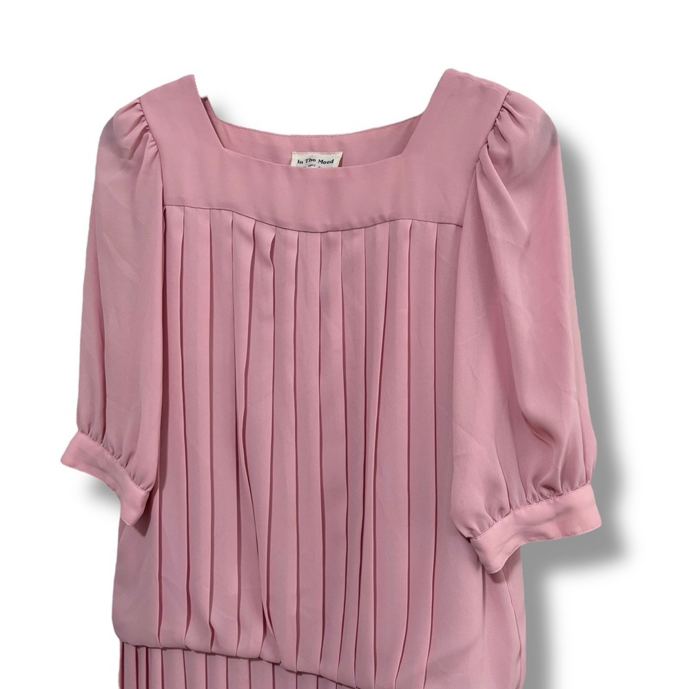 Vintage 80s In The Mood Puff Sleeve Drop Waist Midi Dress Pink Size 8‎ - 19 x 42 - Picture 4 of 6